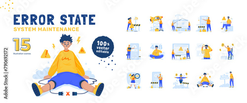 Error state system repair under maintenance illustration set
