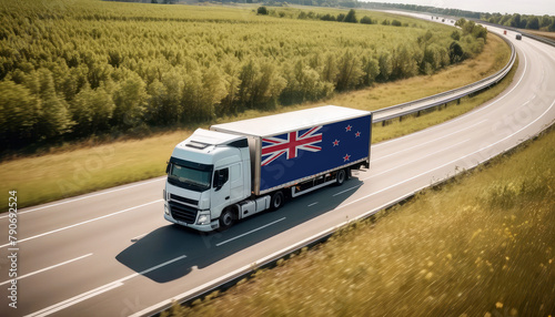 An New Zealand-flagged truck hauls cargo along the highway, embodying the essence of logistics and transportation in the New Zealand
