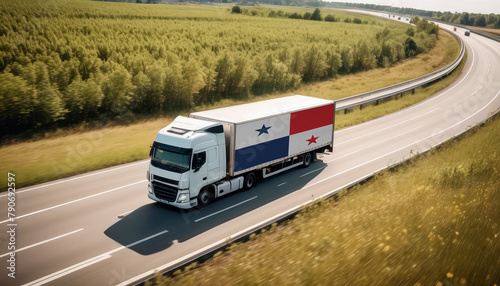 An Panama-flagged truck hauls cargo along the highway, embodying the essence of logistics and transportation in the Panama