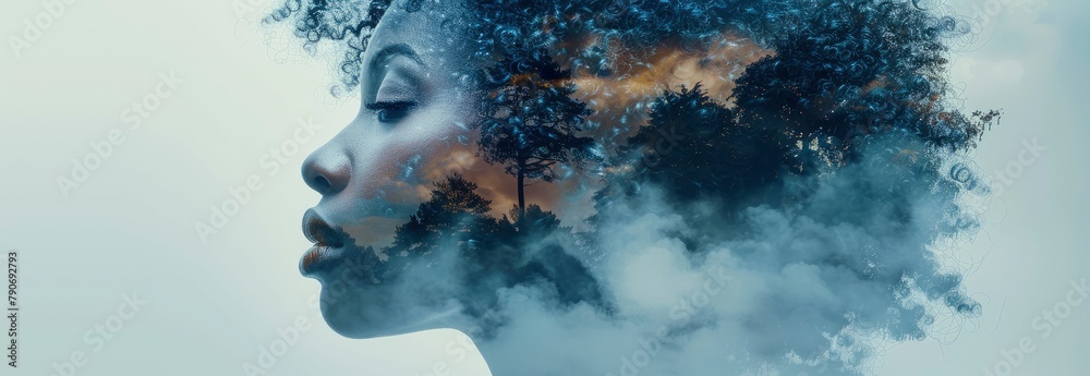 Double exposure of african american woman and island, smoke in the shape an head with hair made from jungle trees and sky with clouds, double exposure photography, digital art style