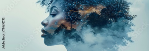 Double exposure of african american woman and island  smoke in the shape an head with hair made from jungle trees and sky with clouds  double exposure photography  digital art style