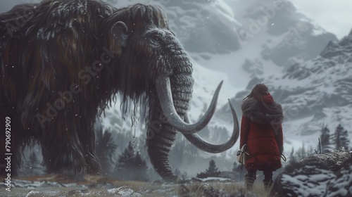woolly mammoth and hunter from prehistoric ice age  photo
