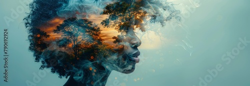 Double exposure of african american woman and island, smoke in the shape an head with hair made from jungle trees and sky with clouds, double exposure photography, digital art style photo