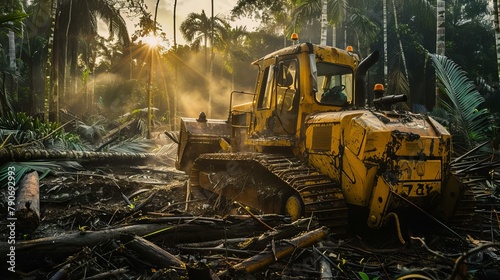 deforestation and logging with bulldozer, habitat destruction