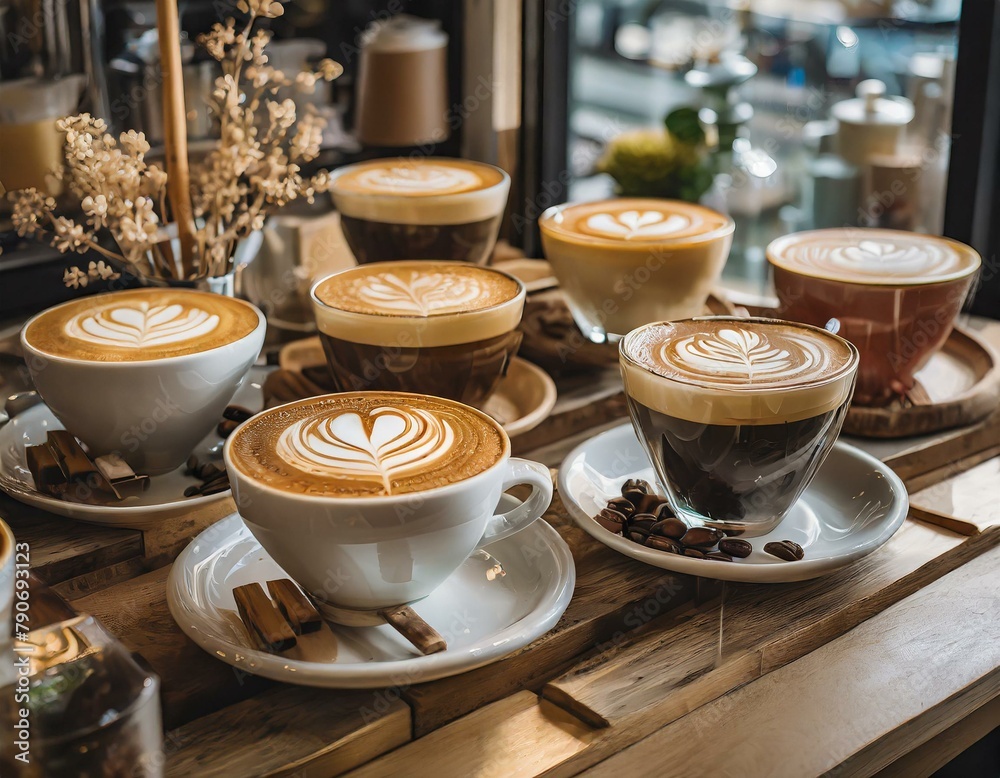 A display case at a coffee shop filled with various latte art designs