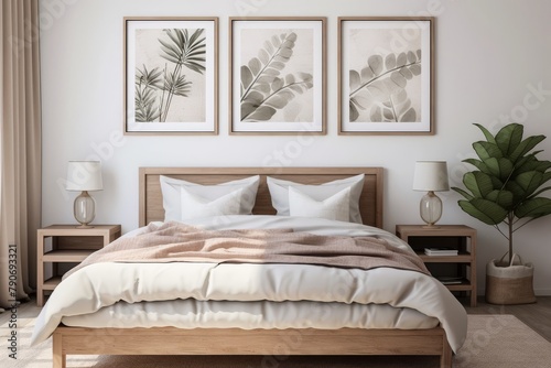 Interior of bedroom with bed, posters, shelving unit, burning candles and houseplants near white wall. High quality photo