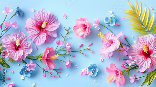 Soft pink hibiscus flowers with blue and yellow accents beautifully presented on a blue surface.