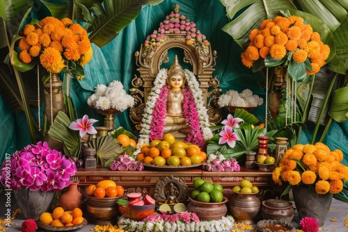 A picture of a decorated puja altar adorned with flowers, fruits, and sacred items in celebration of Akshaya Tritiya photo