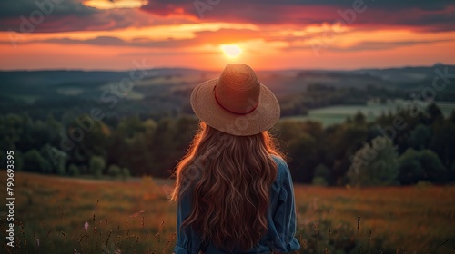 A woman in a hat enjoys a moment of solitude as the sun sets, casting warm hues over a lush landscape
