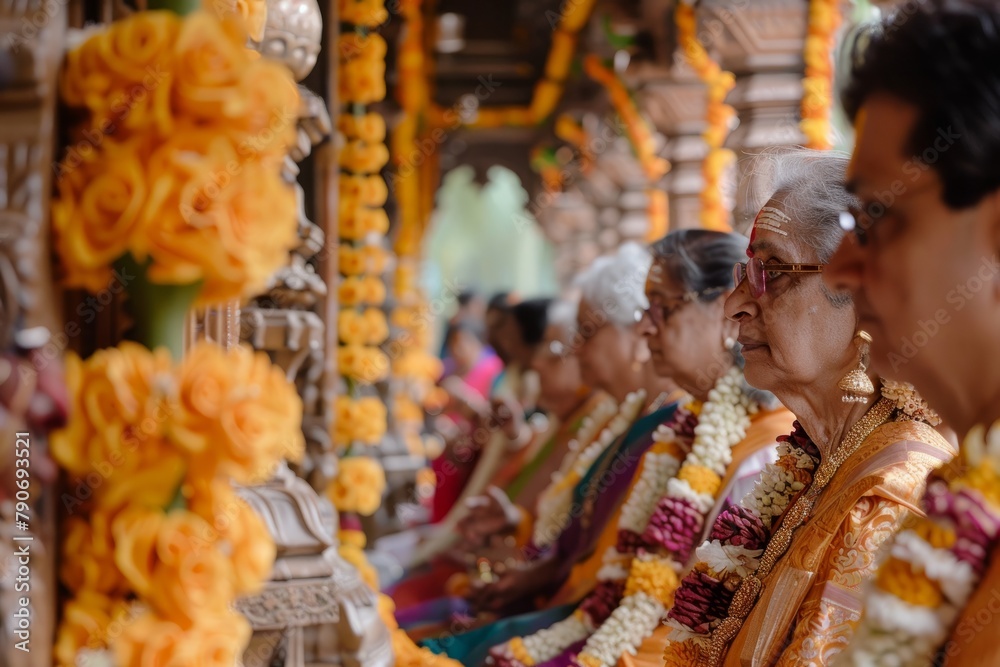 A photograph of devotees visiting temples and participating in special prayers and ceremonies dedicated to Lord Vishnu and Goddess Lakshmi on Akshaya Tritiya
