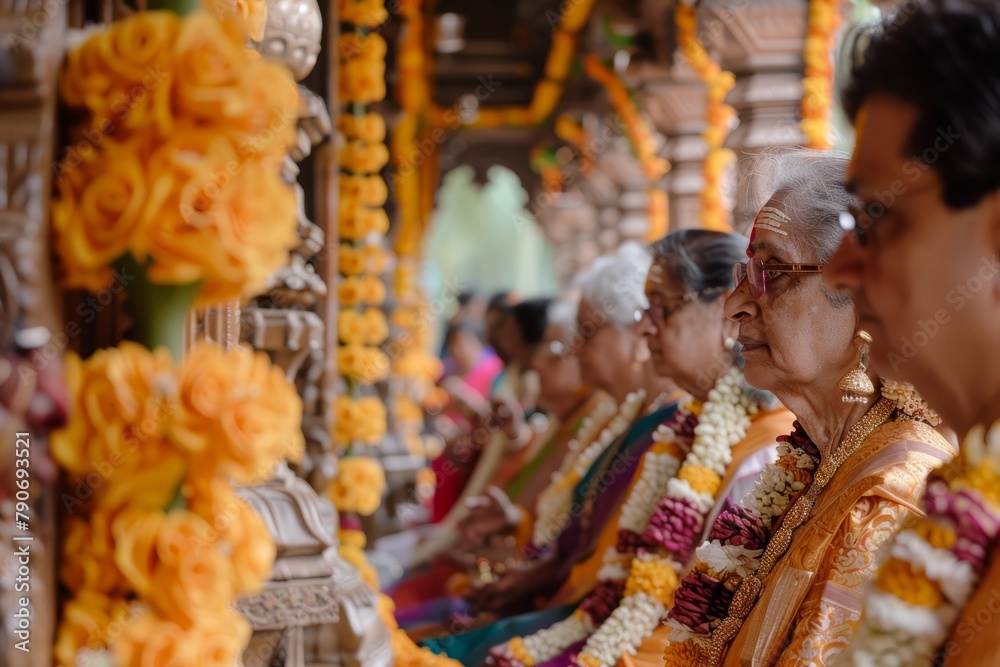 Obraz premium A photograph of devotees visiting temples and participating in special prayers and ceremonies dedicated to Lord Vishnu and Goddess Lakshmi on Akshaya Tritiya