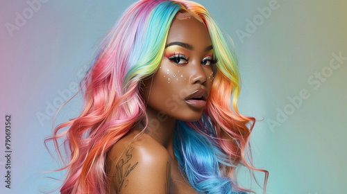 Beautiful black woman with ombre rainbow multi color hair style, make up and lashes. Trendy haircuts. Concept Coloring Hair.