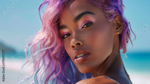 Beautiful black woman with ombre lilac pink hair style, make up and lashes. Trendy haircuts. Concept Coloring Hair.