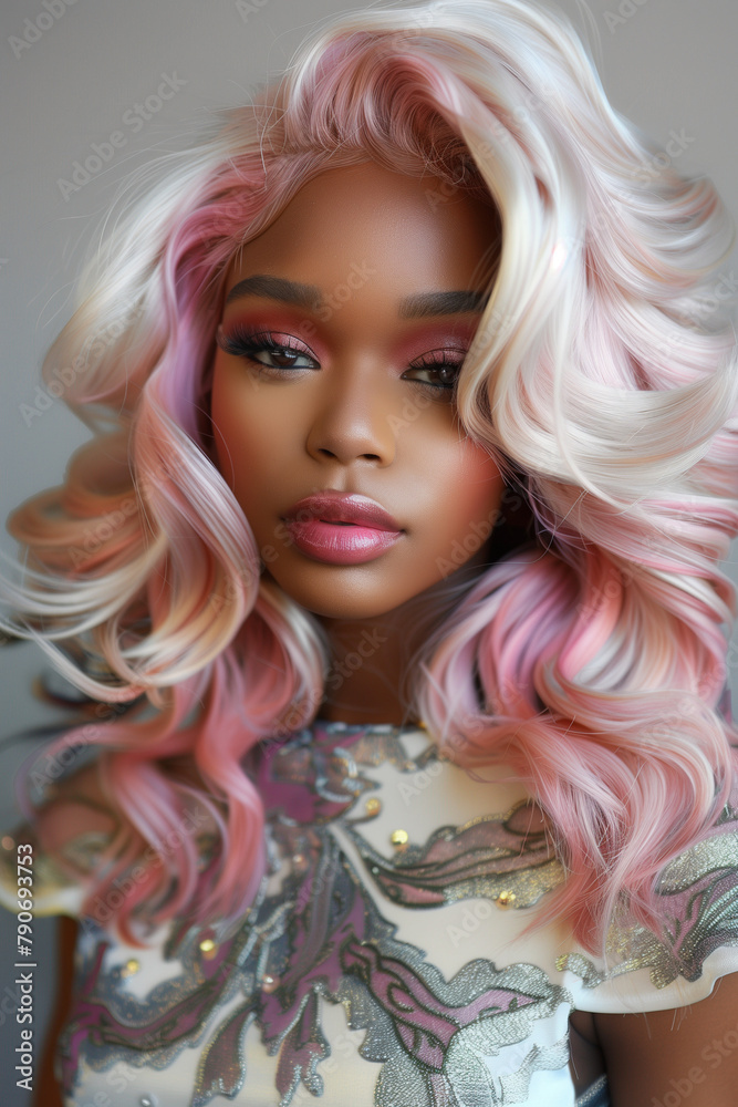 Beautiful black woman with ombre pink blond hair style, make up and lashes. Trendy haircuts. Concept Coloring Hair. Beautiful black woman with ombre pink blond hair style, make up and lashes. Trendy haircuts. Concept Coloring Hair.