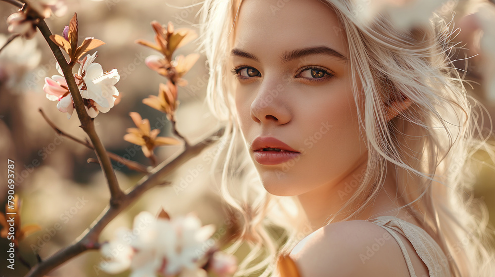 Fashion beauty portrait of woman on a background of spring flowers.