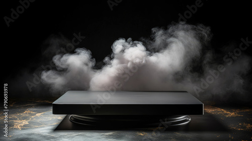 Empty podium for products made of black rectangular polished stone on black background with clouds of smoke and fog. For advertising. Soft illumination of light breaking through fog. Copy space.