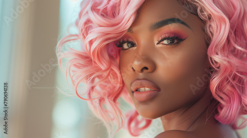 Beautiful black woman with ombre pink hair style, make up and lashes. Trendy haircuts. Concept Coloring Hair.