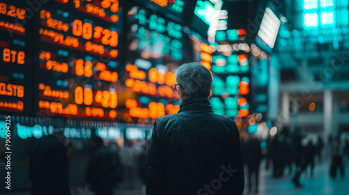 Trader observing stock exchange information screens.