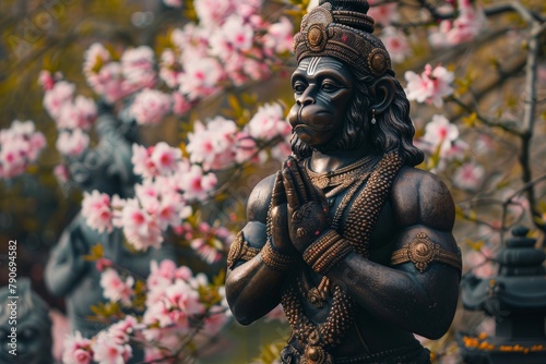 A photo of Hanuman standing in a meditative pose against the backdrop of a blooming garden