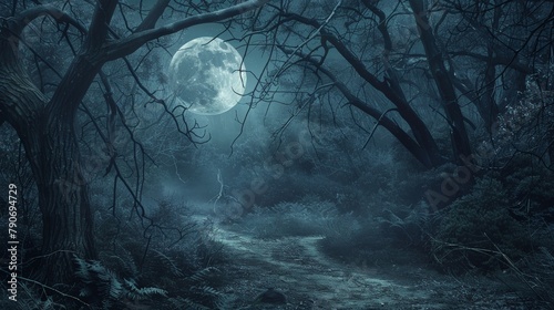 An eerie forest path under a full moon, with branches forming unsettling shapes photo