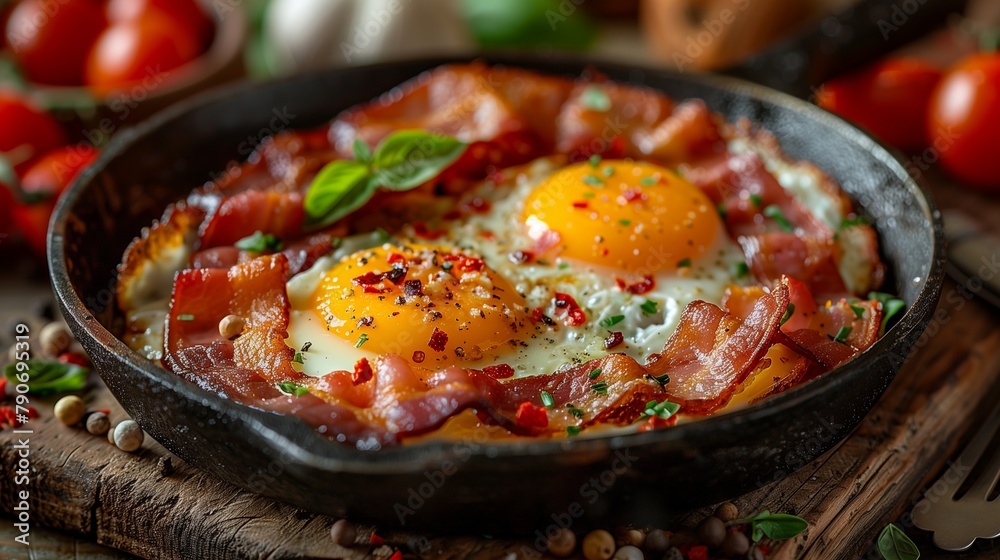 With attention to detail, the camera zooms in on a culinary masterpiece: two fried eggs and crispy bacon strips sizzle and pop in a trusty black skillet with a metallic handle-3 With attention to detail, the camera zooms in on a culinary masterpiece: two fried eggs and crispy bacon strips sizzle and pop in a trusty black skillet with a metallic handle-3