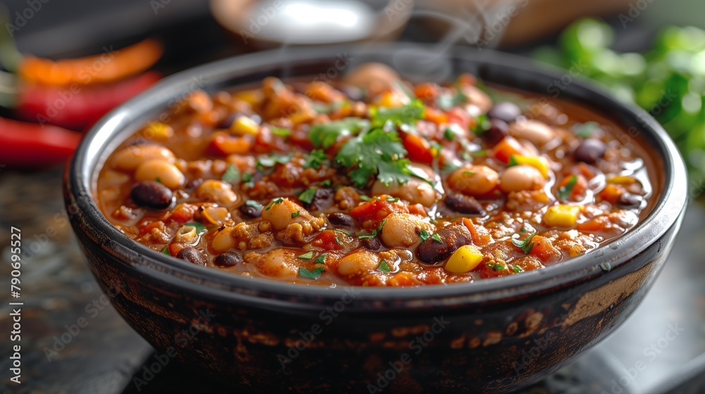 With attention to detail, the camera lens captures the allure of homemade Black Bean Chili: steam rises from the hearty bowl resting on a granite countertop With attention to detail, the camera lens captures the allure of homemade Black Bean Chili: steam rises from the hearty bowl resting on a granite countertop