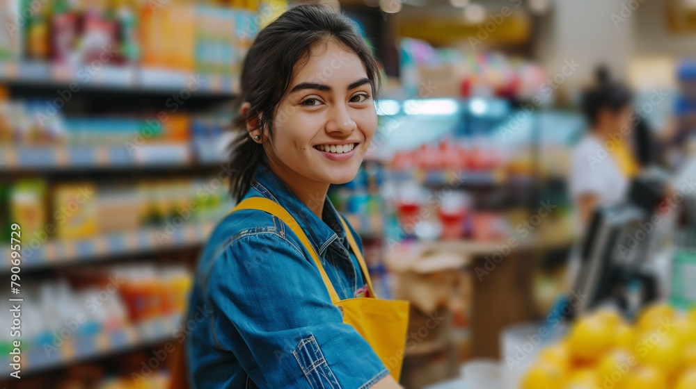 Young Cashier Smiling in Supermarket with Bright Aisles. Young Cashier Smiling in Supermarket with Bright Aisles.