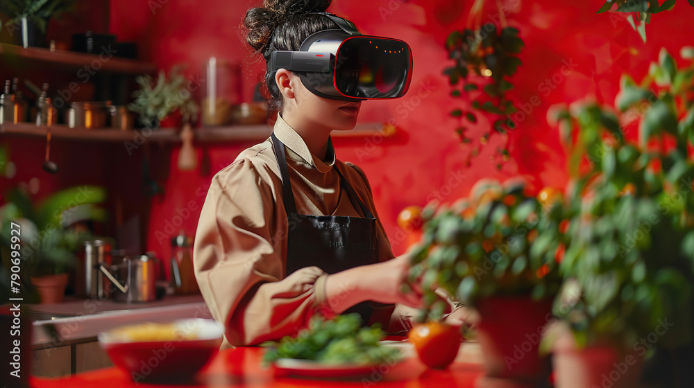A stylish chef prepares a dish according to a recipe using augmented reality glasses in the kitchen