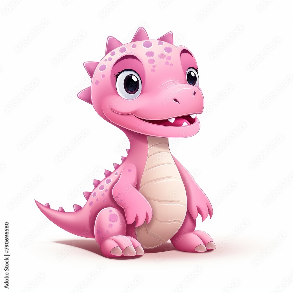 A cute pink dinosaur is sitting on a white background