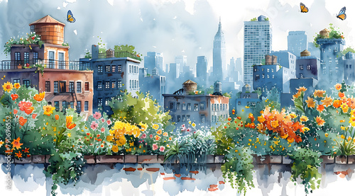 Blooms Above: Dynamic Watercolor Cityscape Teeming with Rooftop Flowers