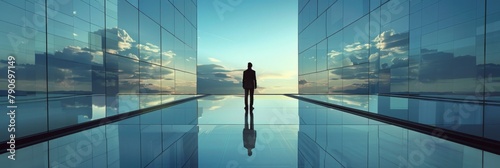 A businessman stands atop a glass building, surrounded by magnificent reflections, with the sun setting against the city skyline.