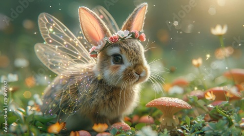 A cute bunny rabbit with fairy wings and a flower crown sits in a field of flowers.