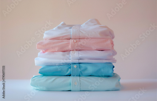  An image of a stack of perfectly folded clothing items. Macro shot of a pile of shirts, sweaters and pants in various pastel colors.