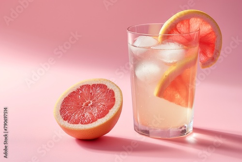 Pink lemonade with grapefruit and ice on pink background, minimalism. Copy space. Concept: summer drinks, menu for bar, non-alcoholic drinks, social media.