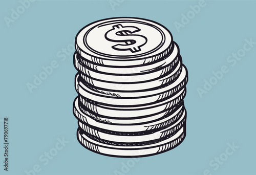 Modern Flat Style Vector Illustration of Hand Drawn Dollar Coin Stack Icon
