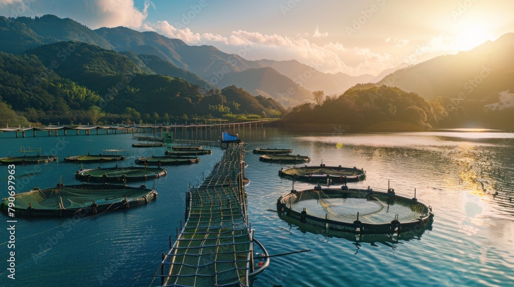 Fish farms employ modern techniques for breeding and harvesting, ensuring sustainable practices and high-quality seafood production.