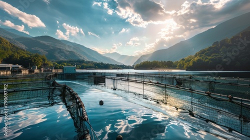 Fish farms employ modern techniques for breeding and harvesting, ensuring sustainable practices and high-quality seafood production. photo