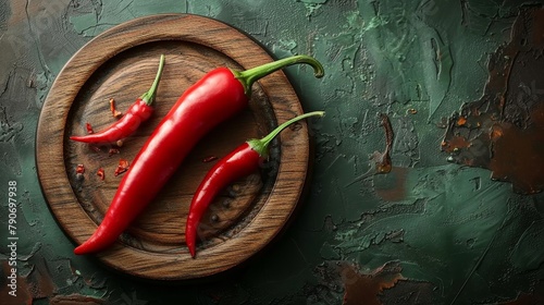 Red chili peppers on a wooden plate. photo