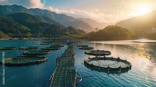 Fish farms employ modern techniques for breeding and harvesting, ensuring sustainable practices and high-quality seafood production.