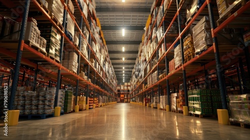 Warehouses employ automated systems for inventory management, order processing, and logistics, optimizing storage space and enhancing supply chain efficiency. photo