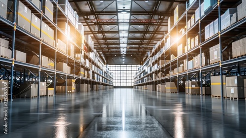 Warehouses employ automated systems for inventory management, order processing, and logistics, optimizing storage space and enhancing supply chain efficiency. photo