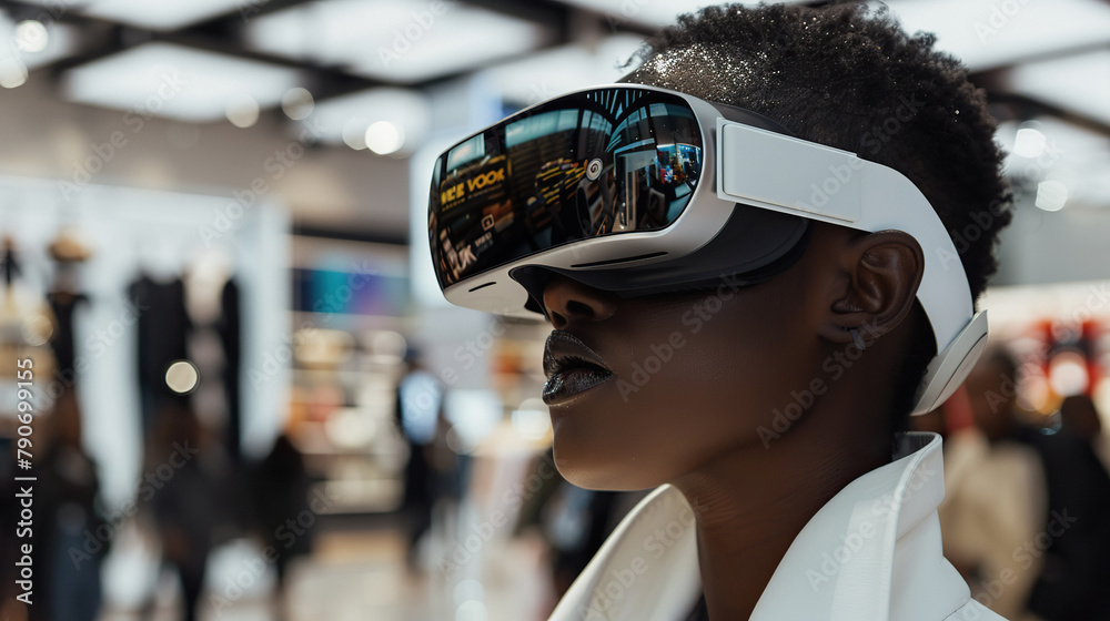Woman using virtual reality headset that gives advice on trendy clothes to go shopping in mall