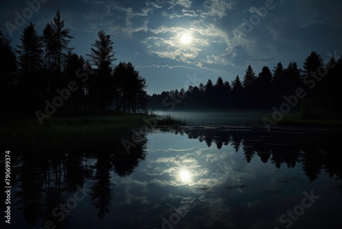 Full moon reflecting in a dark lake.