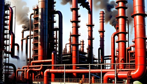 Industrial Complexity: Red Pipes and Smokestacks photo