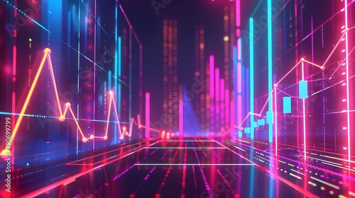 an artistic portrayal of business economics through neon-infused charts. Capture the essence of growth and decline analytics against an abstract neon background