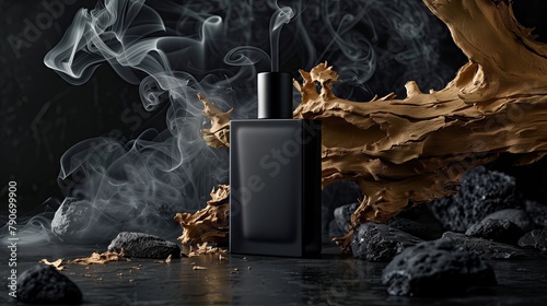 Minimalist matte black perfume bottle. A square bottle in the dark with golden bark behind it. Smoke surrounds the black background,take product photos and advertisements