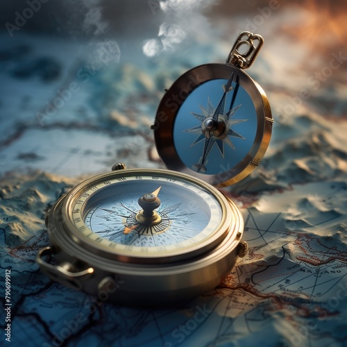  A compass resting on a map evokes a sense of travel and adventure, promising new horizons and exciting journeys ahead.