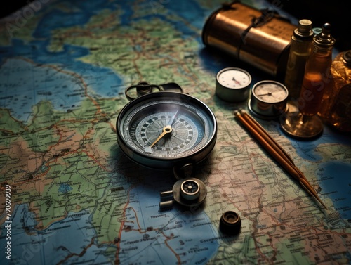 
A compass resting on a map evokes a sense of travel and adventure, promising new horizons and exciting journeys ahead.