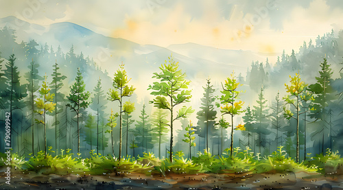 Sapling Sanctuary: Watercolor Depiction of Reforestation's Young Forests and AR Conservation Insights