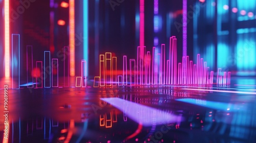 an artistic portrayal of business economics through neon-infused charts. Capture the essence of growth and decline analytics against an abstract neon background